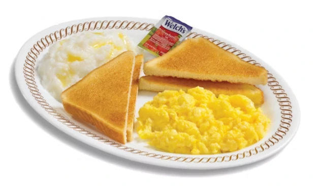 Waffle House Two Egg Breakfast with eggs, toast, and bacon on a plate.